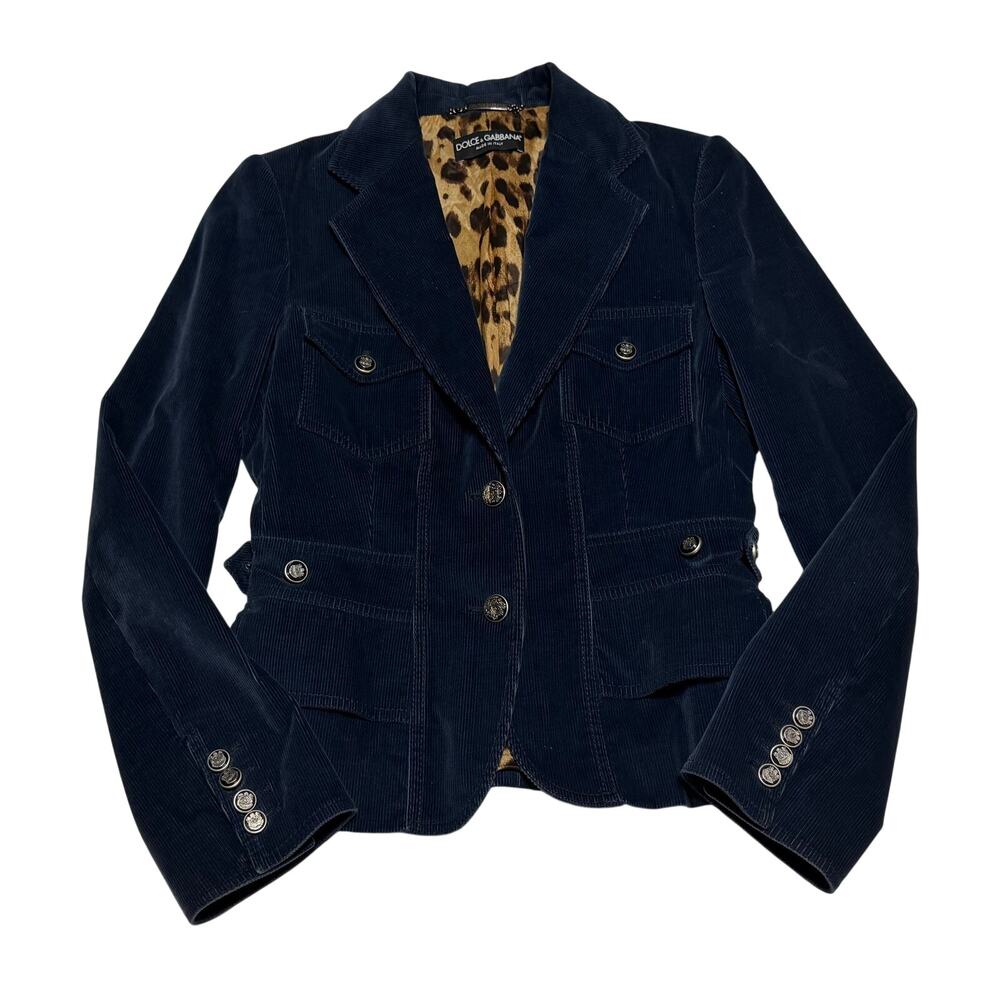 Dolce & Gabbana Blazer Navy Corduroy Leopard Print Lining Military Look size 42